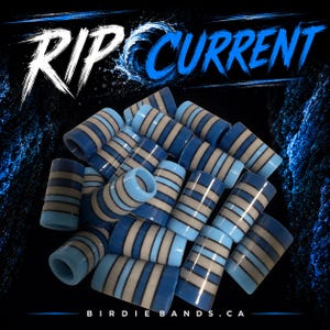 May include: A pile of cylindrical objects with blue, grey, and white stripes. The words "RIP CURRENT" are in white and blue. The website "BIRDIEBANDS.CA" is at the bottom. The background is dark with blue water effects.