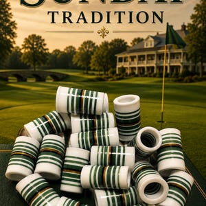 May include: A collection of cylindrical white golf ball markers featuring horizontal green and gold stripes. The markers are stacked together, each displaying a hollow center. The text SUNDAY TRADITION and BIRDIEBANDS.CA is visible in the background.