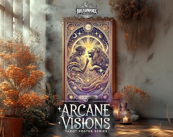 Strength Tarot Poster | Arcane Visions Digital Download | Major Arcana Printable Art | Lion & Maiden Wall Decor | Witchy Home Aesthetic