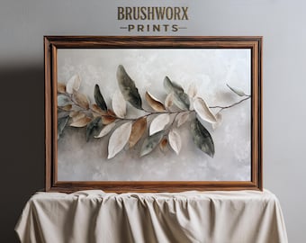 Textured Botanical Wall Art | Neutral Sage Tan Leaves on Branch | Modern Abstract Nature Print | Minimal Organic Decor | Printable Artwork