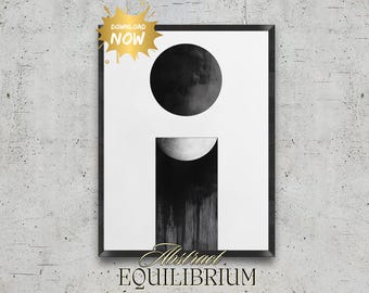 Geometric Eclipse Art Print – Minimalist Black and White (Digital Download)