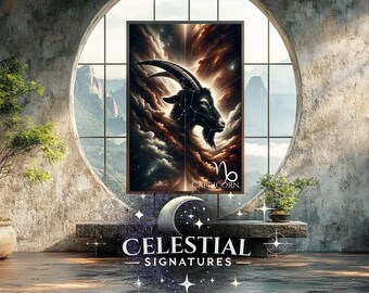 Arte de pared del signo zodiacal Capricornio / Descarga digital de lámina astrológica / Póster de constelación celestial / Decoración moderna y neutra para dormitorio