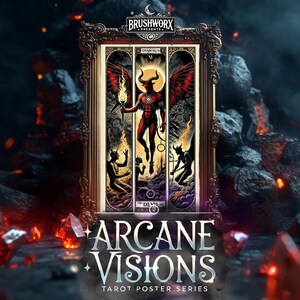 Puede incluir: Un póster de carta de tarot que presenta la carta del Diablo de la serie de pósters de tarot Arcane Visions. La carta representa a un demonio rojo con cuernos y alas, de pie sobre un paisaje rocoso. La carta está enmarcada en un marco dorado.