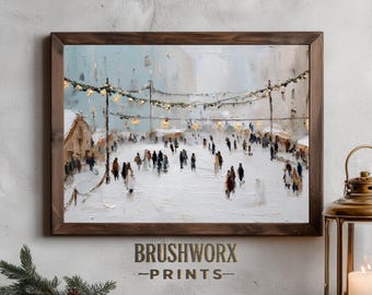 Vintage Ice Skating Winter Scene Wall Art | Christmas Village Oil Painting Printable | Cozy Holiday Market Decor | Snowy Landscape Print