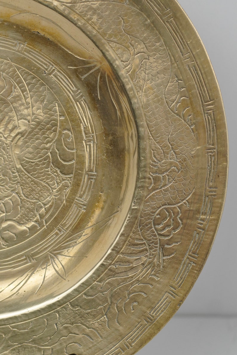 Vintage Chinese Brass Wall Plate With Etched Dragon Motif/ Brass Wall