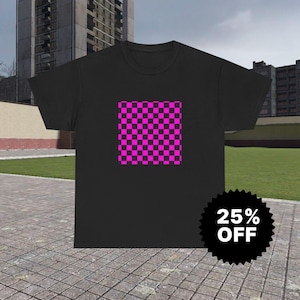 May include: Black t-shirt featuring a square checkered pattern in bright pink and black. The shirt is a classic crew neck style. A black sticker with the text "25% OFF" is in the lower right corner.