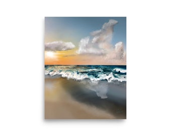 May include: A digital painting of a seascape with a sandy beach, blue ocean waves, and a cloudy sky with a golden sunset.