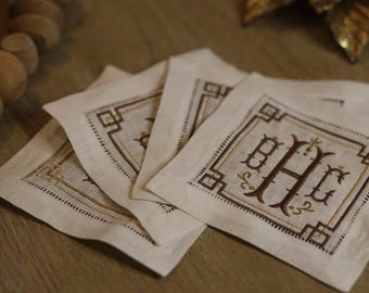 Monogrammed Linen Cocktail Napkins, Embroidered Hemstitch Coasters