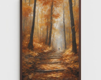 Peinture numérique vintage forêt d'automne pour la fête des mères - scène vintage de chemin forestier avec des feuilles dorées, parfaite pour une décoration d'automne