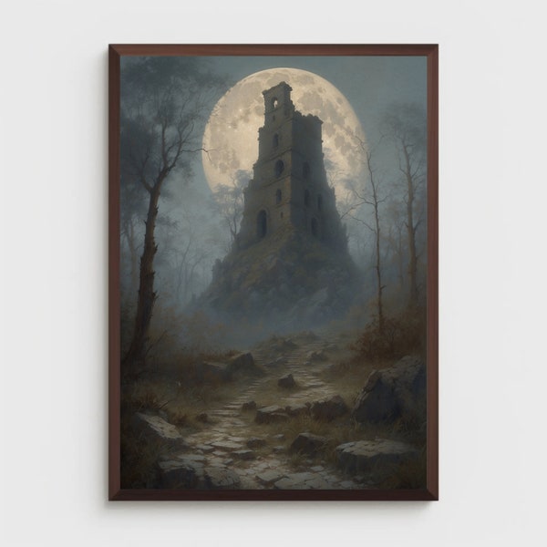 Mystical Gothic Landscape Poster, Ancient Ruins in Fog Art Print, Eerie Vintage Wall Decor, Perfect Gift for Dark Art Lovers