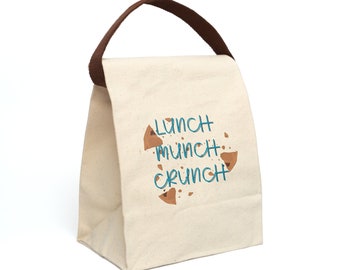 Lunch Munch Crunch Canvas Lunch Bag with Strap, Reusable Tote