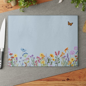Classic and Sweet Wildflower Glass Cutting Board, Culinary Gift, Country Kitchen Items, Blue Floral Glass Cutting Board, Garden Kitchen