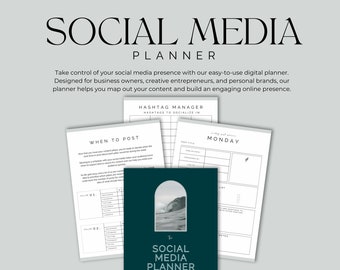 May include: A digital planner with a green and white color scheme. The planner is designed to help users manage their social media presence. The cover features a photo of a wave crashing in the ocean. The text "The Social Media Planner" is printed on the cover.