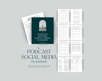 May include: A green and white printable planner for promoting a podcast. The planner includes sections for content planning, daily tracking, and podcast planning. The cover features a microphone in a dark green arch.