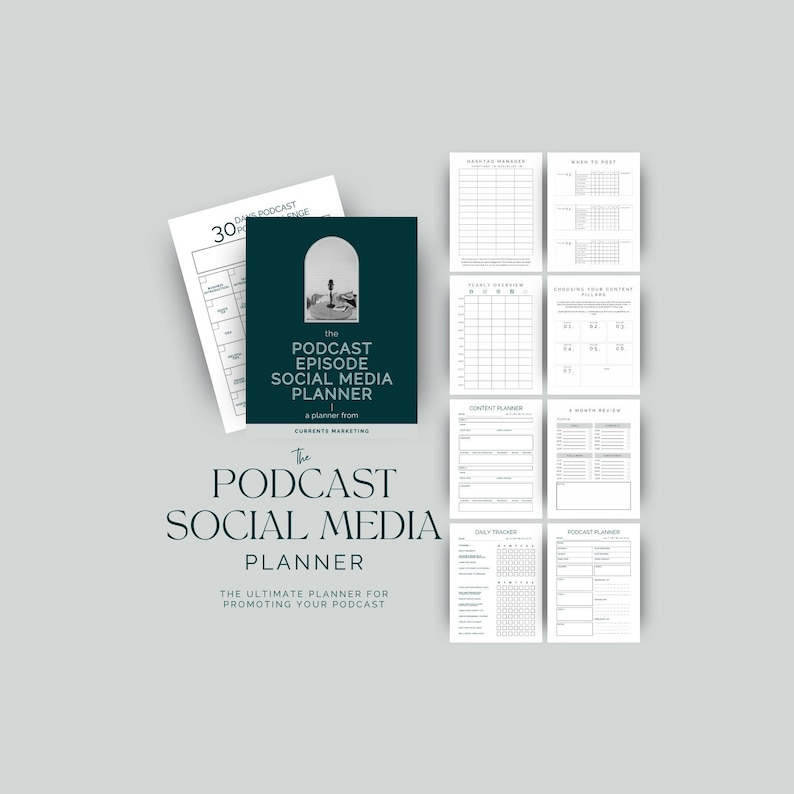 May include: A green and white printable planner for promoting a podcast. The planner includes sections for content planning, daily tracking, and podcast planning. The cover features a microphone in a dark green arch.