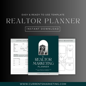 May include: A teal green planner with a black and white image of a small house on a dock. The planner is titled "The Realtor Marketing Planner" and has the text "The Ultimate Planner for Real Estate Agents" and "Currents Marketing".