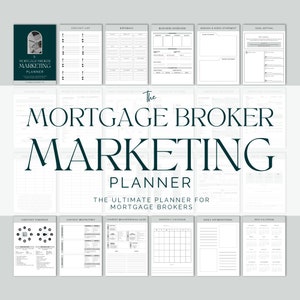 Puede incluir: Un planificador imprimible en blanco y negro con el título "The Mortgage Broker Marketing Planner" y el subtítulo "The Ultimate Planner for Mortgage Brokers". El planificador incluye secciones para listas de contactos, cumpleaños, descripción general del negocio, declaraciones de misión y visión, establecimiento de objetivos, estrategia de contenido, lluvia de ideas de contenido, guía de transformación de contenido, calendario mensual, afirmaciones diarias y un calendario anual.