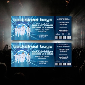 Puede incluir: Dos entradas para el concierto de los Backstreet Boys "Into the Millennium" Homecoming, en directo desde Alemania. Las entradas azules y blancas muestran el nombre de la banda y los detalles del concierto. El concierto es el 2 de octubre de 2026.