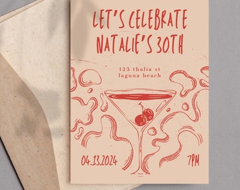 Minimalist Birthday Dinner Invitation, Modern Hand-Drawn Evite (Digital)