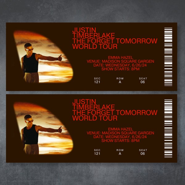 Billets de concert personnalisables Justin Timberlake | Billet souvenir de la tournée mondiale « Oubliez demain » | Cadeau de souche de billet de concert surprise modifiable
