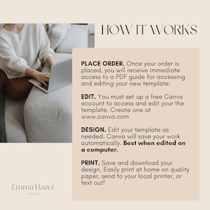 May include: A beige graphic with the text "HOW IT WORKS" and instructions for accessing and editing a template. The steps include ordering, editing on Canva, designing, and printing. The Emma Hazel Studio logo is at the bottom.