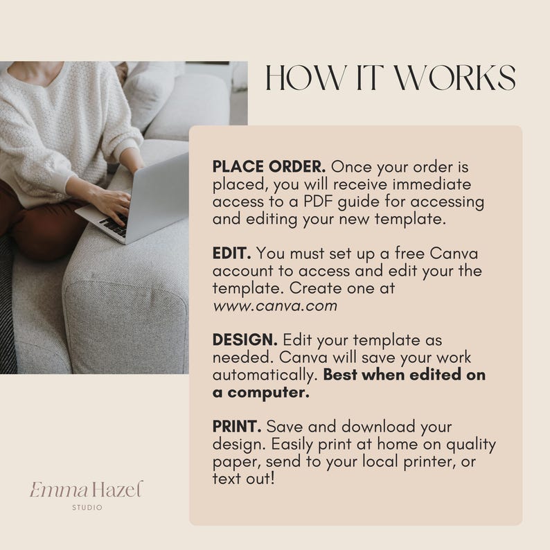 May include: A beige graphic with the text "HOW IT WORKS" and instructions for accessing and editing a template. The steps include ordering, editing on Canva, designing, and printing. The Emma Hazel Studio logo is at the bottom.
