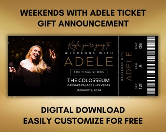 Recuerdo personalizable del talón del boleto del concierto de Adele / Fines de semana con Adele en Las Vegas Ticket / Boleto sorpresa personalizado / Descarga instantánea