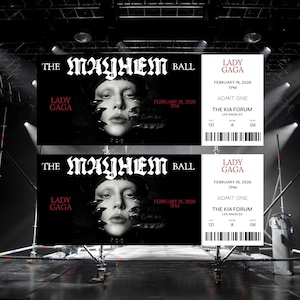 May include: Two black and white concert tickets for "The Mayhem Ball" featuring Lady Gaga. The tickets include the date, time, and venue: The Kia Forum in Los Angeles. The tickets have a portrait of Lady Gaga.