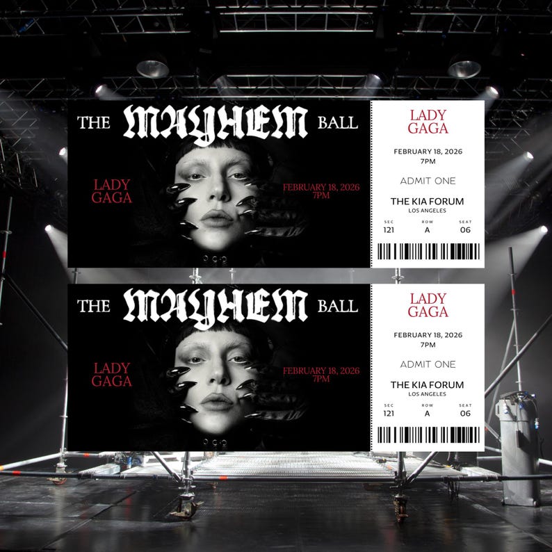 May include: Two black and white concert tickets for "The Mayhem Ball" featuring Lady Gaga. The tickets include the date, time, and venue: The Kia Forum in Los Angeles. The tickets have a portrait of Lady Gaga.