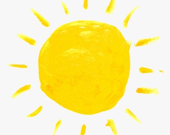 May include: A bright yellow sun illustration on a white background. The sun is a large, round shape with textured brushstrokes, surrounded by yellow rays. The artwork has a hand-painted appearance, suggesting a watercolor or acrylic medium.