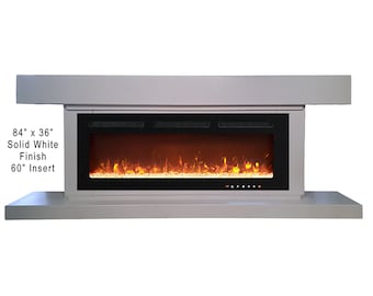 May include: A white electric fireplace with a 60" insert. The fireplace is 84" wide and 36" tall. The fireplace has a realistic flame effect and a modern design.