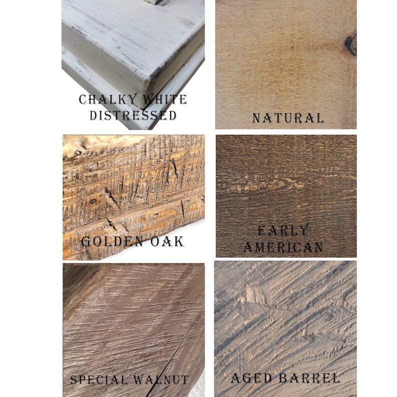 Puede incluir: Seis muestras de madera que muestran diferentes acabados de madera: Blanco tiza envejecido, Natural, Roble dorado, Americano antiguo, Nogal especial y Barril envejecido.