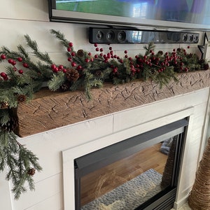 Rustic barn beam hollow floating fireplace mantel. Aged, vintage weathered antique look. Handmade from solid rough circular sawn pine wood. Custom made color and size specifications. Farmhouse, lodge, country theme, log cabin or Tuscany style.#mantle