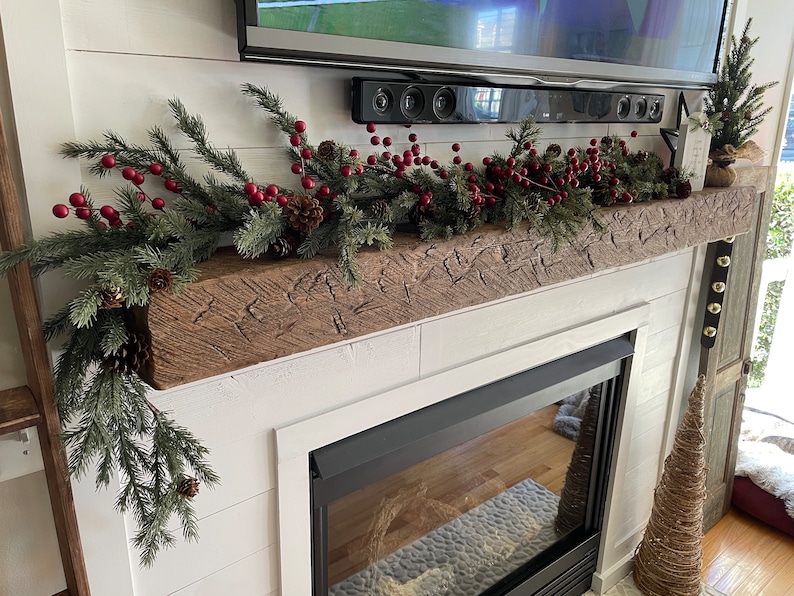 Rustic barn beam hollow floating fireplace mantel. Aged, vintage weathered antique look. Handmade from solid rough circular sawn pine wood. Custom made color and size specifications. Farmhouse, lodge, country theme, log cabin or Tuscany style.#mantle