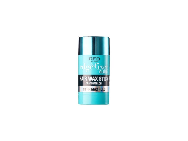 May include: A cylindrical turquoise hair wax stick with a silver cap. The label reads "edge fixer glued" and "hair wax stick watermelon 24 hr max hold". The product is designed for styling and holding hair.