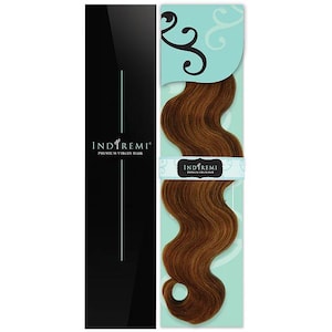 May include: A package of Indiremi premium virgin hair extensions. The hair is a wavy, medium brown color. The packaging is black and light blue with the brand name and product information.