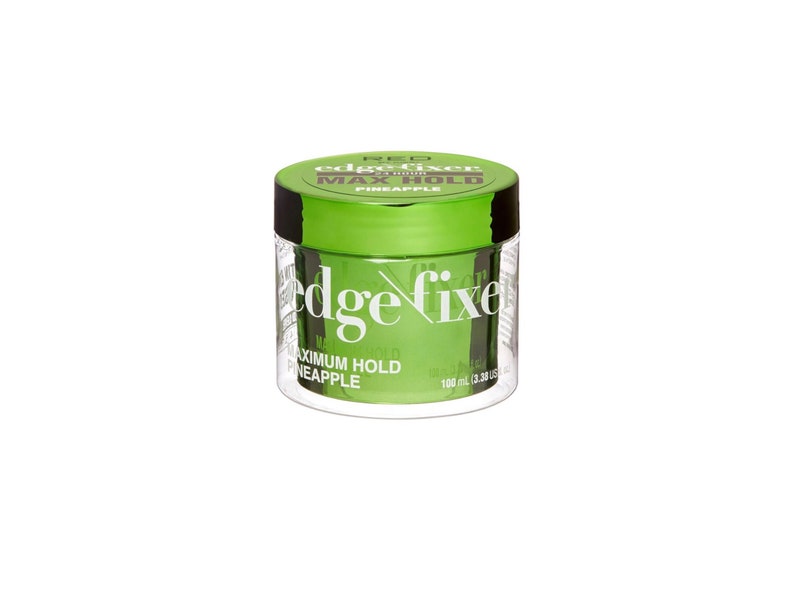 May include: A green jar of edge fixer hair styling gel with a white label that says "edge fixer maximum hold pineapple".