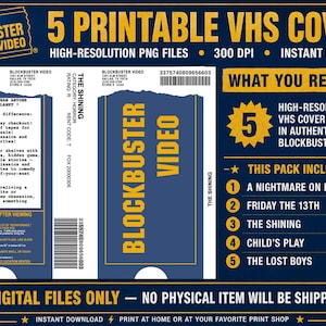 May include: A digital set of 5 printable Blockbuster Video VHS cover templates in high-resolution PNG format. The design features the iconic blue and yellow branding, including titles like The Shining, A Nightmare on Elm Street, and Friday the 13th.