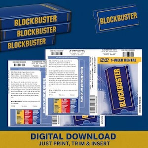 May include: A collection of Blockbuster-themed items, including DVD cases, rental tickets, and a digital download message. The items feature the Blockbuster logo in yellow on a blue background. The DVD case has the text "Blockbuster" in yellow.