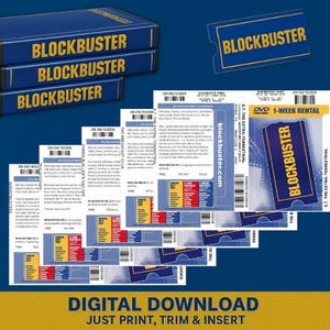 May include: A digital download featuring Blockbuster-themed DVD covers, cases, and a rental ticket. The cases are blue with yellow text. The DVD covers include movie details. The text "DIGITAL DOWNLOAD" is at the bottom.