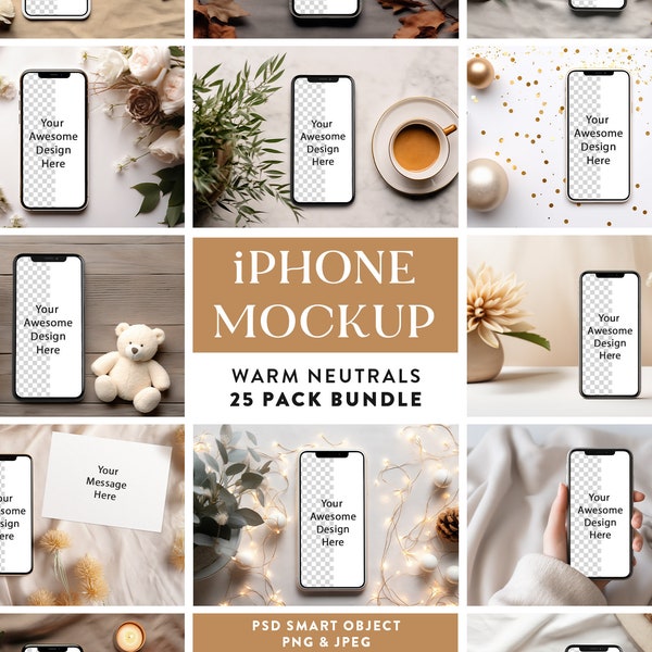 25 x Neutral Theme iPhone Screen Mock-up Bundle | PSD Smart Object Evite / E-Invite Mockups | Smartphone App Screen Device Social Media Mock