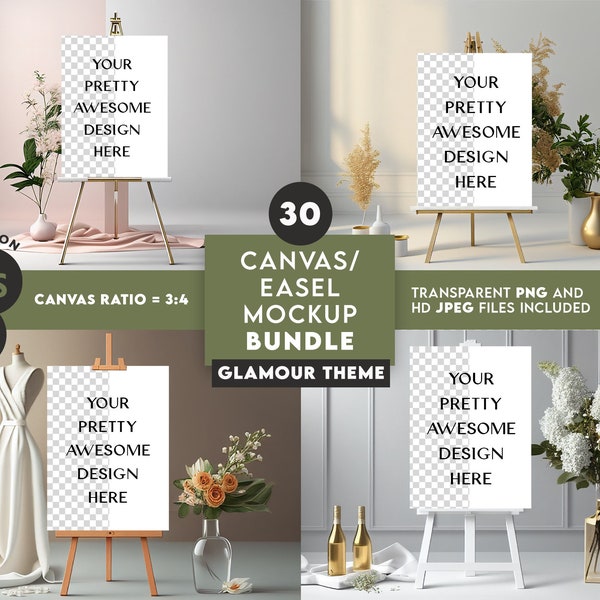 30 x Glamour Easel Mockup Bundle PNG & JPEG Files ONLY | Canvas Mockup Bundle Set | Seating Chart Welcome Sign Mockup  | Easel Mockup