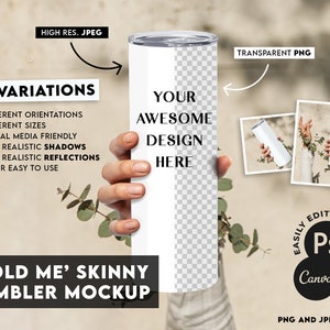 Super realistische Tumbler Mockup Bundle - 20oz Skinny Tumbler Mockup - Tumbler Mock-Up Bewerken op Canva of PSD | PNG Mock transparante achtergrond