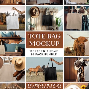 K&ouml;nnte beinhalten: Ein Mockup-Set mit 20 Tragetaschen in Wei&szlig;, Schwarz und Braun. Die Taschen werden in verschiedenen Umgebungen gezeigt, darunter ein Schuppen, ein Holzregal, ein Feld mit einer Kuh und ein Pferd. Der Text "TOTE BAG MOCKUP" und "WESTERN THEME 20 PACK BUNDLE" wird auf dem Bild angezeigt. Der Text "60 JPEGS IN TOTAL 20 WHITE 20 BLACK 20 TAN" wird ebenfalls auf dem Bild angezeigt.