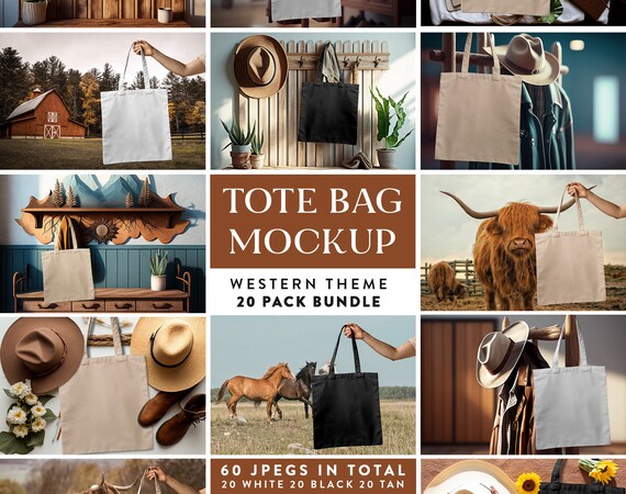20 Mockups In 3 Colors - 60 Files in Total | Western Theme Tote Bag Mockup Bundle | Sand, Black & White Canvas Tote Bag Mock-up | Country