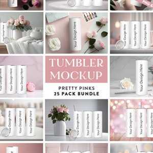 25 x Pretty Pinks Tumbler Mock Up Bundle | 20oz Skinny Straight Tumbler Mockup Transparent PNG Pink Mothers Day Valentines Day Theme CANVA
