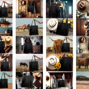 K&ouml;nnte beinhalten: Eine Collage von Bildern, die verschiedene schwarze Tragetaschen in unterschiedlichen Umgebungen zeigen. Die Taschen werden in rustikalen, nat&uuml;rlichen und urbanen Umgebungen gezeigt, einige mit Tieren, H&uuml;ten und anderem Zubeh&ouml;r.