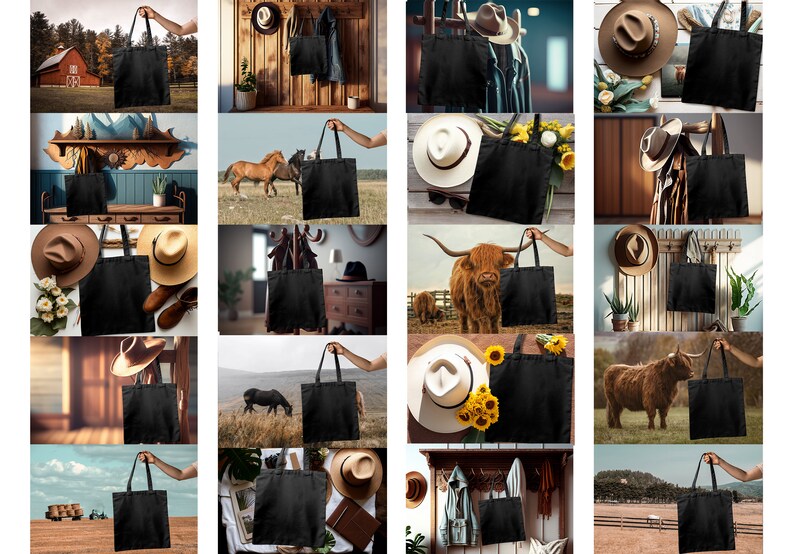 K&ouml;nnte beinhalten: Eine Collage von Bildern, die verschiedene schwarze Tragetaschen in unterschiedlichen Umgebungen zeigen. Die Taschen werden in rustikalen, nat&uuml;rlichen und urbanen Umgebungen gezeigt, einige mit Tieren, H&uuml;ten und anderem Zubeh&ouml;r.