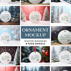 8 x Snowy Christmas Round Ceramic Ornament Mockup Bundle | Tree Ornament Mockups Circle Ornament Mock-up Printify Ornament Christmas Mockups