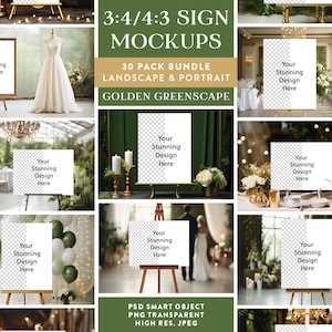 30 x Gold Greenery Sign Mockup-bundel | PSD slim object | 3:4 Canvas-ezelmodellen | Zitplaatsschema Welkomstbord Bruiloft Bruidsbabyshower